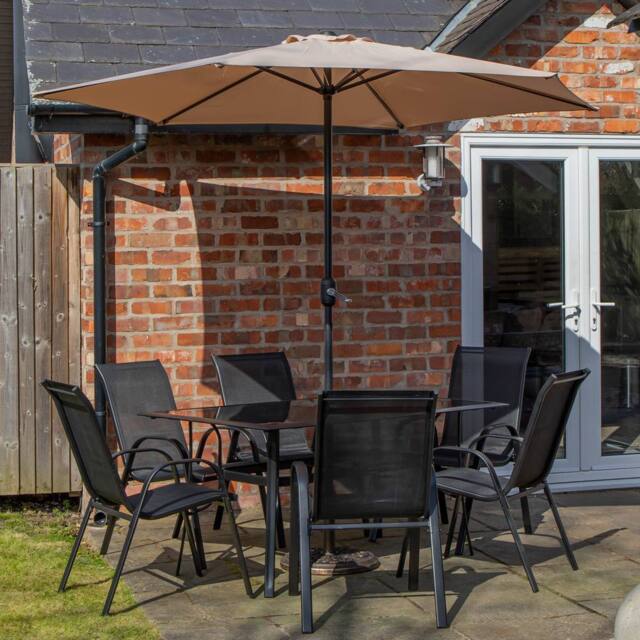 Samuel Alexander 6 Person Rectangular Glass Top Garden Patio Dining Table Chairs With Beige Parasol & Base Set in Black - image 1
