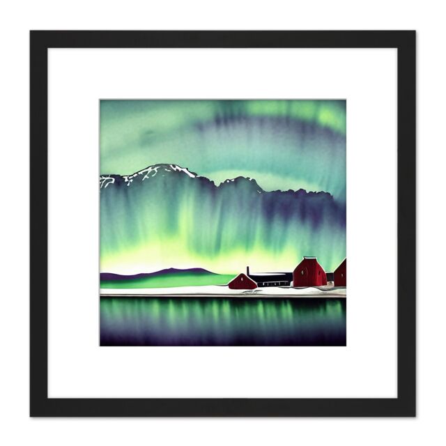 Artery8 Northern Lights Snow Mountain Lake Norway Vibrant Sky Red Barn Square Wooden Framed Wall Art Print Picture 8X8 Inch in Black - image 1