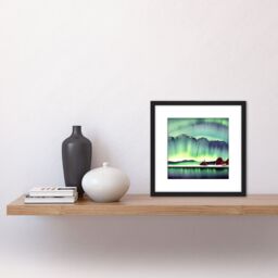 Artery8 Northern Lights Snow Mountain Lake Norway Vibrant Sky Red Barn Square Wooden Framed Wall Art Print Picture 8X8 Inch in Black - thumbnail 2