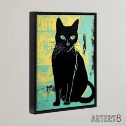 "Artery8 Cat Vibrant Linocut Vintage Advert Style Framed Canvas Wall Art Print in Blue - Size: W18"" x H24""" - thumbnail 2