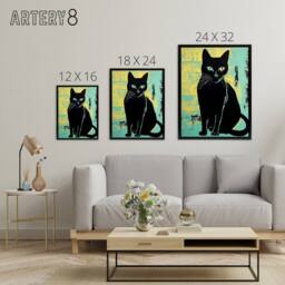 "Artery8 Cat Vibrant Linocut Vintage Advert Style Framed Canvas Wall Art Print in Blue - Size: W18"" x H24""" - thumbnail 4