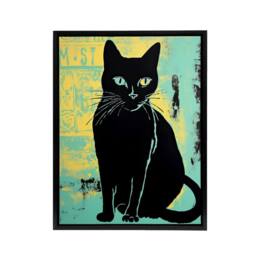 "Artery8 Cat Vibrant Linocut Vintage Advert Style Framed Canvas Wall Art Print in Blue - Size: W18"" x H24""" - thumbnail 1