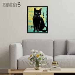 "Artery8 Cat Vibrant Linocut Vintage Advert Style Framed Canvas Wall Art Print in Blue - Size: W18"" x H24""" - thumbnail 3