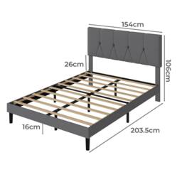 VOGREX King Size Linen Upholstered Bed Frame Wooden Slats & Headboard in Grey - thumbnail 2