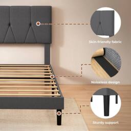 VOGREX King Size Linen Upholstered Bed Frame Wooden Slats & Headboard in Grey - thumbnail 4