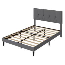 VOGREX King Size Linen Upholstered Bed Frame Wooden Slats & Headboard in Grey