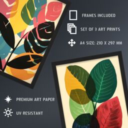 Artery8 A4 Wall Art & Frame Set of 3 Abstract Colourful Boho Leaves Graphic - thumbnail 3