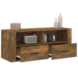 Berkfield Home TV Cabinet Smoked Oak 100x35x40 cm Engineered Wood in Brown - Size: 100 x 35 x 40 cm - thumbnail 5