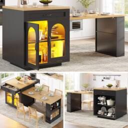 Rolipo Modern Extendable Kitchen Island with LED Lighting & Storage in Black