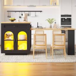 Rolipo Modern Extendable Kitchen Island with LED Lighting & Storage in Black - thumbnail 2