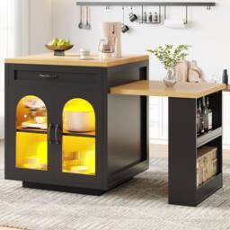 Rolipo Modern Extendable Kitchen Island with LED Lighting & Storage in Black - thumbnail 5