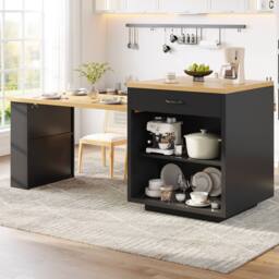 Rolipo Modern Extendable Kitchen Island with LED Lighting & Storage in Black - thumbnail 4