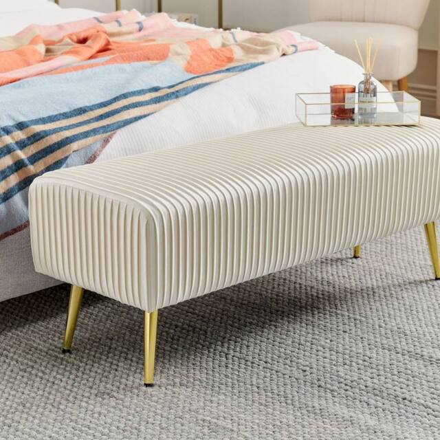 Wyld and Coco Velvet Bench Off-White with Gold Metal Legs 118 x 40 cm in White - image 1