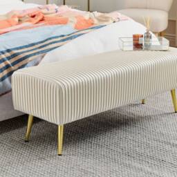 Wyld and Coco Velvet Bench Off-White with Gold Metal Legs 118 x 40 cm in White - thumbnail 1
