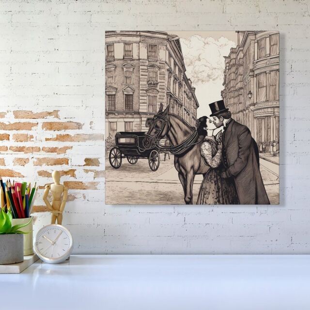 "Warren Reed - Designer Victorian Lovers On A London Street Canvas in Black - Size: W16"" x H16""" - image 1