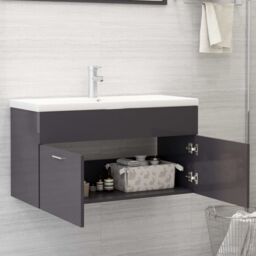 Berkfield Home Sink Cabinet with Built-in Basin High Gloss Grey Engineered Wood - thumbnail 3
