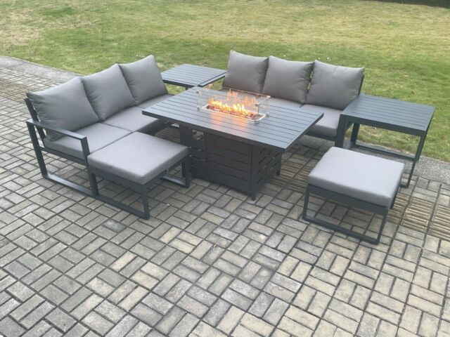 Fimous Aluminium Outdoor Lounge Sofa Garden Furniture Sets Gas Fire Pit Dining Table Set with 2 Big Footstools 2 Side Tables Dark Grey - image 1