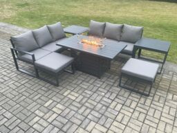 Fimous Aluminium Outdoor Lounge Sofa Garden Furniture Sets Gas Fire Pit Dining Table Set with 2 Big Footstools 2 Side Tables Dark Grey - thumbnail 1