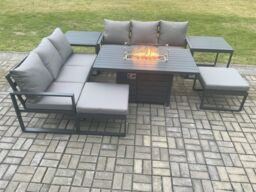 Fimous Aluminium Outdoor Lounge Sofa Garden Furniture Sets Gas Fire Pit Dining Table Set with 2 Big Footstools 2 Side Tables Dark Grey - thumbnail 2