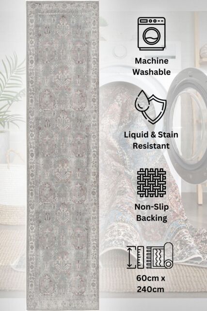 Kukoon Washable Runner Rug Grey Vintage Long Hallway Carpet Mat 60cm x 240cm - Size: 60 cm x 240 cm - image 1