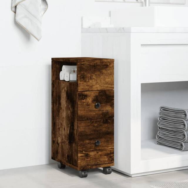 Berkfield Home Narrow Bathroom Cabinet with Wheels Smoked Oak Engineered Wood in Brown - image 1
