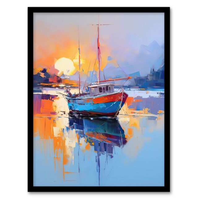 Artery8 Wall Art Print Fishing Boat in Tranquil Lake at Sunrise Painting Seascape Framed Art in Blue - Size: A4 - image 1