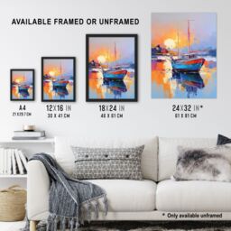 Artery8 Wall Art Print Fishing Boat in Tranquil Lake at Sunrise Painting Seascape Framed Art in Blue - Size: A4 - thumbnail 3