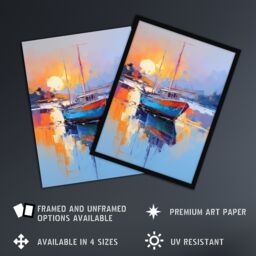 Artery8 Wall Art Print Fishing Boat in Tranquil Lake at Sunrise Painting Seascape Framed Art in Blue - Size: A4 - thumbnail 2