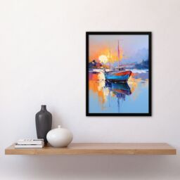 Artery8 Wall Art Print Fishing Boat in Tranquil Lake at Sunrise Painting Seascape Framed Art in Blue - Size: A4 - thumbnail 4