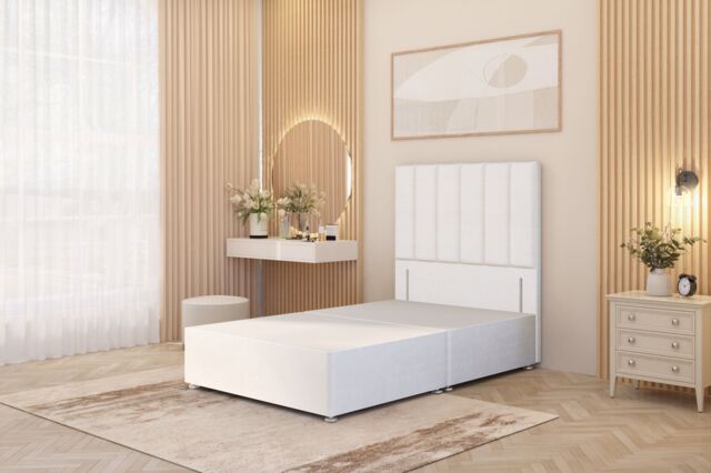 "Somnior Austin Divan Bed Base & 54"" Floor Standing Headboard Plush Velvet in White - Size: Small Single" - image 1