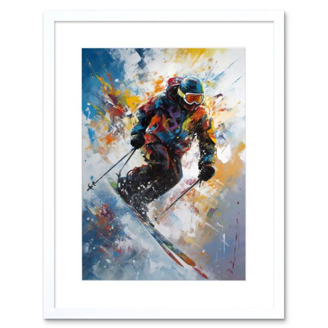 "Artery8 Wall Art Print Skier Skiing Down Slope Vibrant Splat Art Painting Artwork Framed 9X7 Inch in White - Size: W7"" x H9""" - image 1