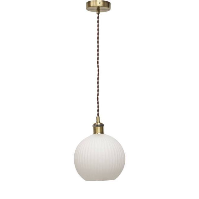 First Choice Lighting Betchley - White Ribbed Glass Globe Antique Brass Retro Pendant - image 1