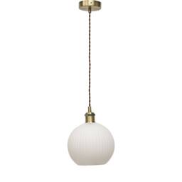 First Choice Lighting Betchley - White Ribbed Glass Globe Antique Brass Retro Pendant - thumbnail 1