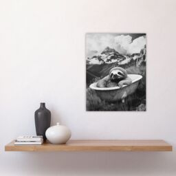 "Artery8 Sloth in Bathtub on Mountain Black White Surreal Wall Art Print in Grey - Size: W18"" x H24""" - thumbnail 4
