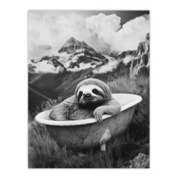 "Artery8 Sloth in Bathtub on Mountain Black White Surreal Wall Art Print in Grey - Size: W18"" x H24""" - thumbnail 1