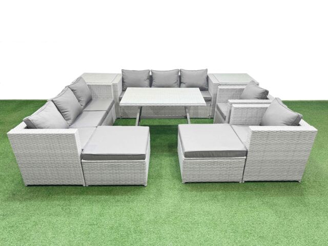 Fimous 10 Seater Garden Furniture Set with 2 Big Stool 2 Side Tables in Light Grey - image 1