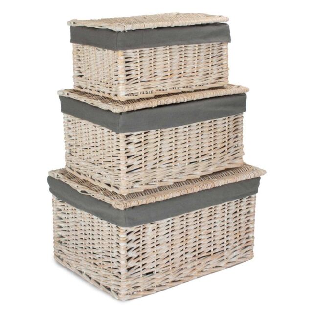 Red Hamper Set of 3 White Wash Steamed Cotton Lined Storage Basket in Grey - image 1