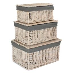 Red Hamper Set of 3 White Wash Steamed Cotton Lined Storage Basket in Grey