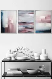 ARTZE Abstract Navy Blue Grey Blush Pink Oil Framed Wall Art - Medium in Metallic Silver - Size: W45 cm x H62 cm x D20mm - thumbnail 1