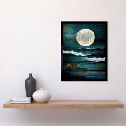 "Artery8 Wall Art Print Large Full Moon Seascape Golden Algae Wave Foam Art Framed in Black - Size: W12"" x H16""" - thumbnail 2