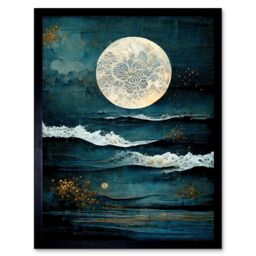 "Artery8 Wall Art Print Large Full Moon Seascape Golden Algae Wave Foam Art Framed in Black - Size: W12"" x H16""" - thumbnail 1