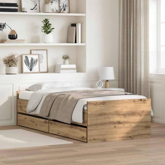 Berkfield Home Bed Frame with Drawer Artisan Oak 100 x 200 cm Solid Pine Wood in Brown - image 1