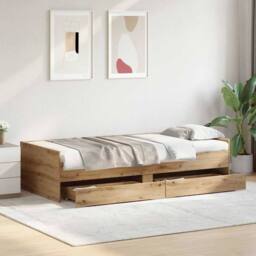 Berkfield Home Bed Frame with Drawer Artisan Oak 100 x 200 cm Solid Pine Wood in Brown - thumbnail 4