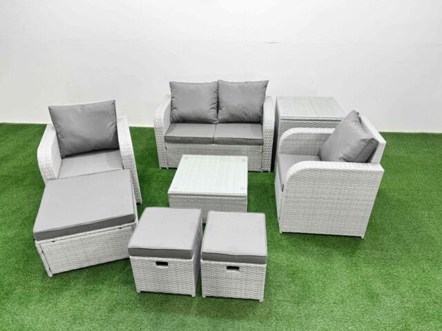 Fimous Light Grey PE Wicker Rattan Garden Furniture Set Sofa Set Reclining Adjustable Chair Square Coffee Table 7 Seater 3 Stools Side Table - image 1