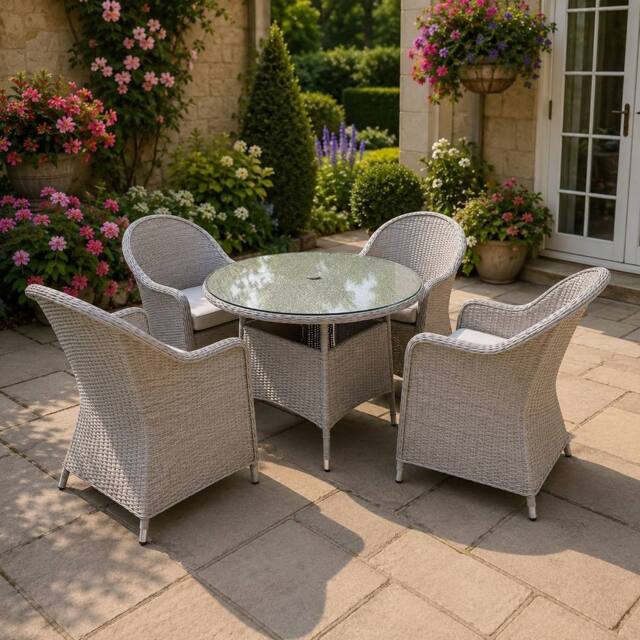 Shatchi Sorrento 4-Seater Rattan Dining Round Garden Table & Chairs Aluminium Outdoor Furniture Set in Natural - image 1
