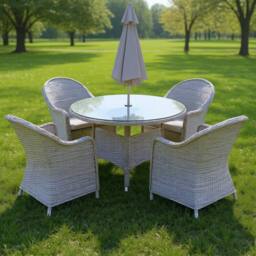 Shatchi Sorrento 4-Seater Rattan Dining Round Garden Table & Chairs Aluminium Outdoor Furniture Set in Natural - thumbnail 3
