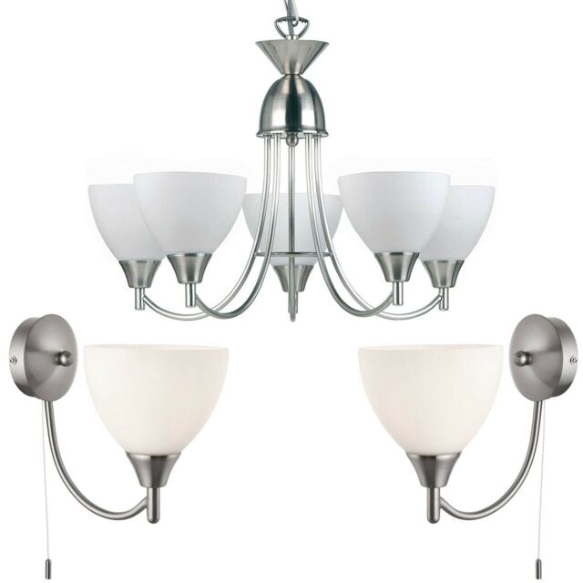 Loops 5 Lamp Ceiling & 2x Wall Light Pack Satin Chrome Glass Matching Indoor Fittings in Clear - image 1