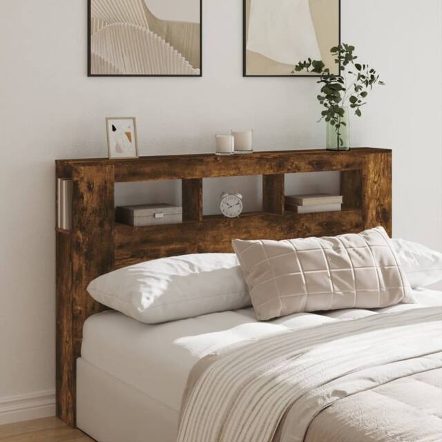 Berkfield Home LED Headboard Smoked Oak 160x18.5x103.5 cm Engineered Wood in Brown - image 1