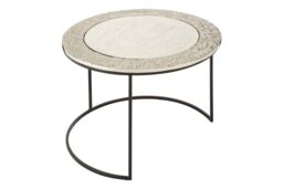Orsina Set of 2 Nesting Coffee Tables, Glass Accent Tables With Black Steel Legs, Antique Brass & Nickel Round Table in Silver