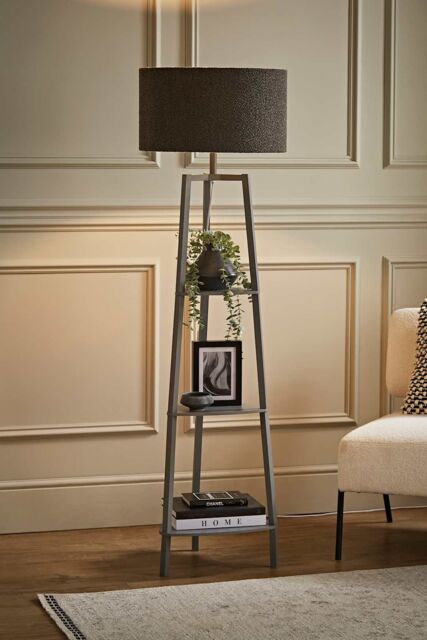 ValueLights Hiru Grey 3 Tier Wooden Shelf Floor Lamp with Boucle Drum Shade in Charcoal - image 1